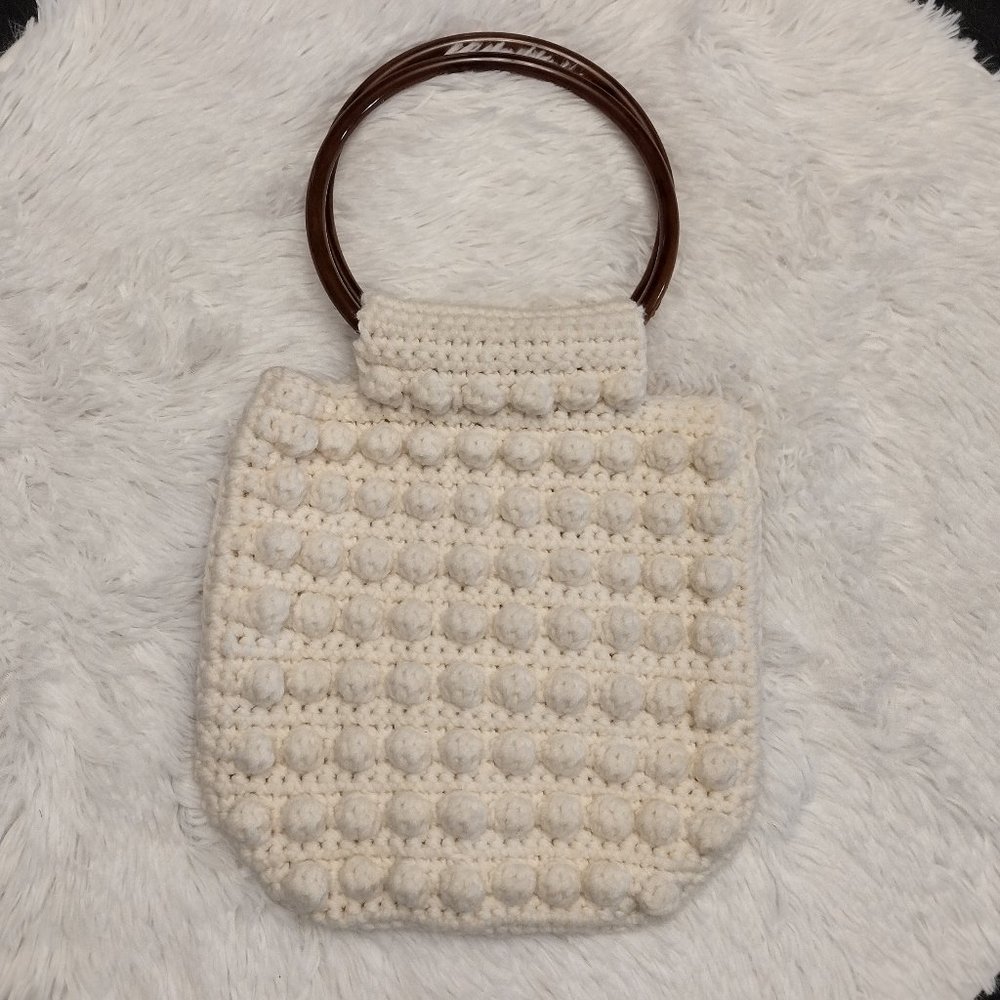 Vintage Ivory Crochet Bobble Purse/Bag w/Faux Wood Circle Handles